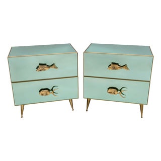 Mid-Century Modern Aqua Green Mirrored Glass Nightstands with Brass Fish Handle, 2000, Set of 2 For Sale