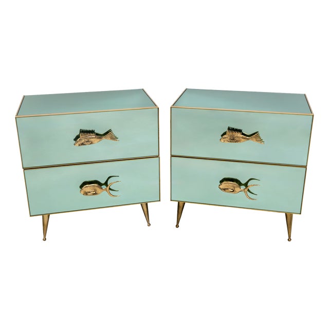 Mid-Century Modern Aqua Green Mirrored Glass Nightstands with Brass Fish Handle, 2000, Set of 2 For Sale