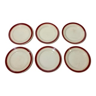 Vintage Buffalo Pottery Restaurant Ware Diner Plates with Maroon Burgundy Red Band- Set of 6 For Sale