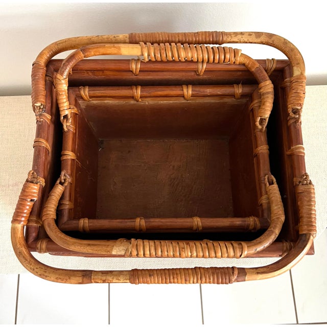 Brown Vintage Woven Rattan Bamboo Handled Nesting Boxes Large Box 16”x12”x11” Smaller Box 13”x X9.5”x9.5” For Sale - Image 8 of 10