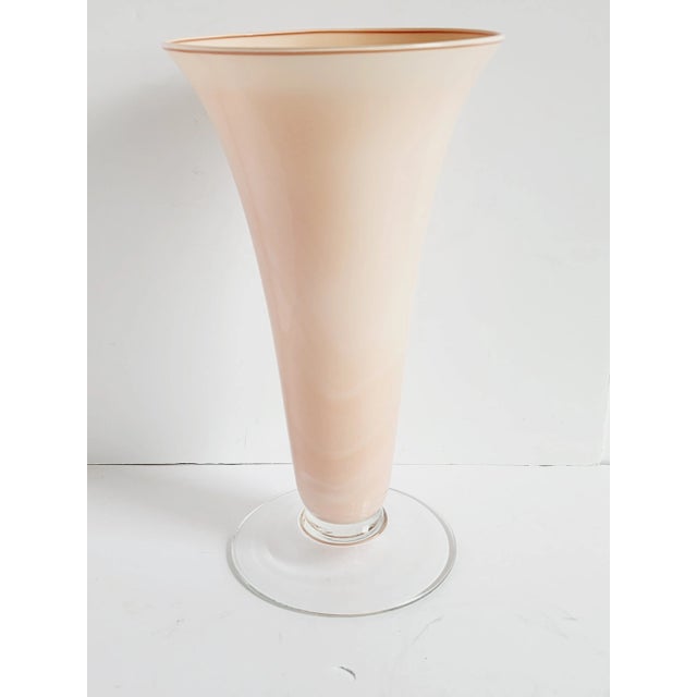 Vintage Mid-Century Cenedese Vetri of Murano hand blown nude pink color elegant form tall centre piece vase with clear base.