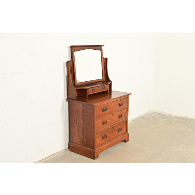 Liberty & Co. Liberty & Co. Antique English Mission Oak Arts & Crafts Vanity Dresser With Mirror, Circa 1900 For Sale - Image 4 of 13