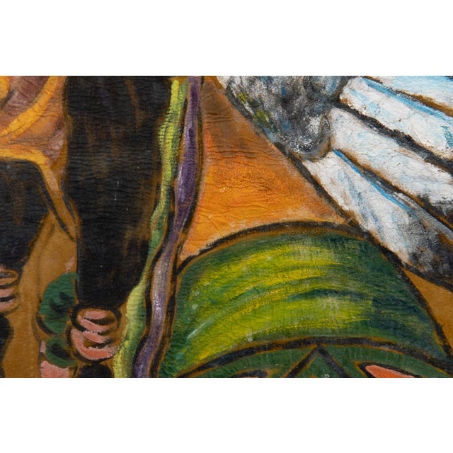 Animal Skin Mid-Century Oil on Tanned Hide Portrait Painting of a Native American Chief For Sale - Image 7 of 12