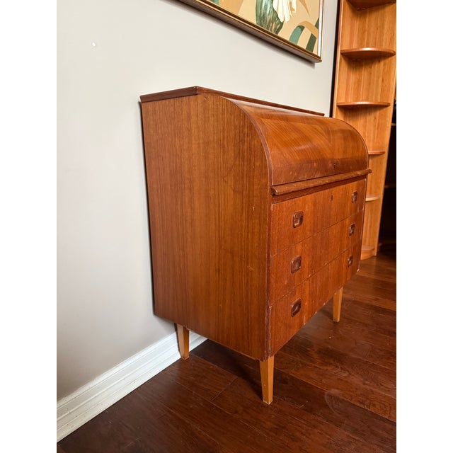 Vintage 1960s Danish Teak MCM Rolltop Secretary Desk Attributed to Egon Ostergaard For Sale - Image 9 of 12