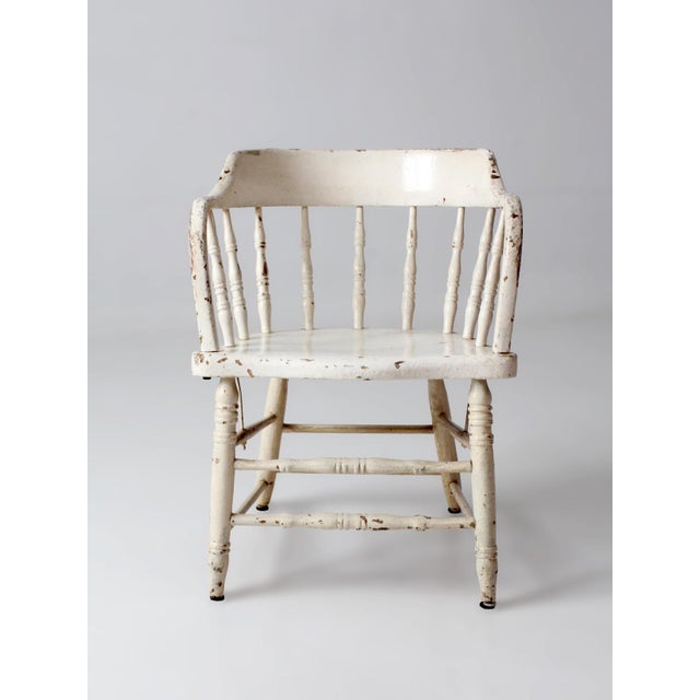 Farmhouse Antique White Painted Windsor Captain's Chair With Spindle Back For Sale - Image 3 of 16