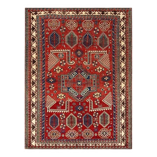 1900s Red Vibrant Field Antique Caucasian Tribal Geometric Akstafa Kazak Rug For Sale