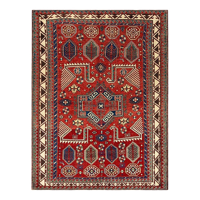 1900s Red Vibrant Field Antique Caucasian Tribal Geometric Akstafa Kazak Rug For Sale