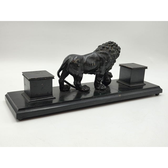 Figurative 19th C Victorian Cast Iron Lion Double Inkwell Desk Set Antique Black Japanned. For Sale - Image 3 of 18