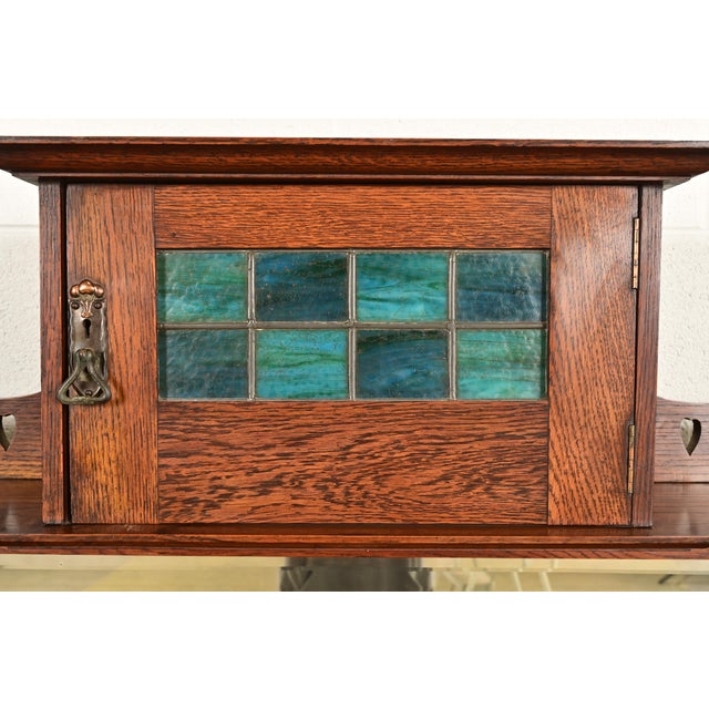 Liberty & Co. Antique English Arts & Crafts Oak Sideboard With Stained Glass Door, Circa 1900 For Sale - Image 9 of 16