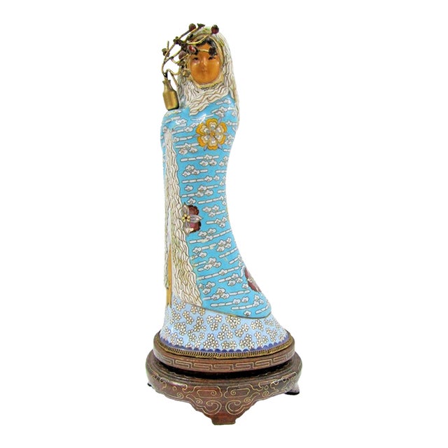 Antique Asian Blue Cloisonne Figurine Holding Brass Vase With Lotus Wood Base For Sale