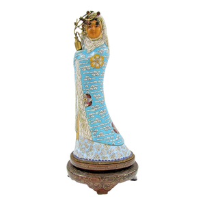 Antique Asian Blue Cloisonne Figurine Holding Brass Vase With Lotus Wood Base