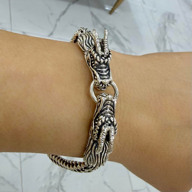 Men’s Vintage Double Dragon Head 925 Sterling Silver Wheat Link Bracelet For Sale - Image 10 of 10