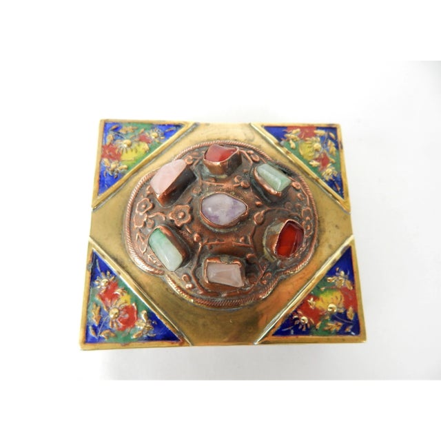 Chinese Antique Chinese Brass Box With Semi-Precious Stones For Sale - Image 3 of 12