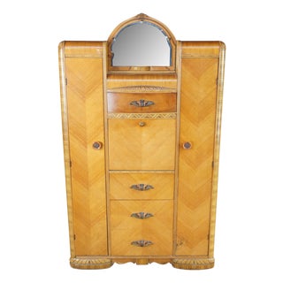 Vintage Art Deco Waterfall Walnut Chifferobe Secretary Desk Dresser Armoire For Sale