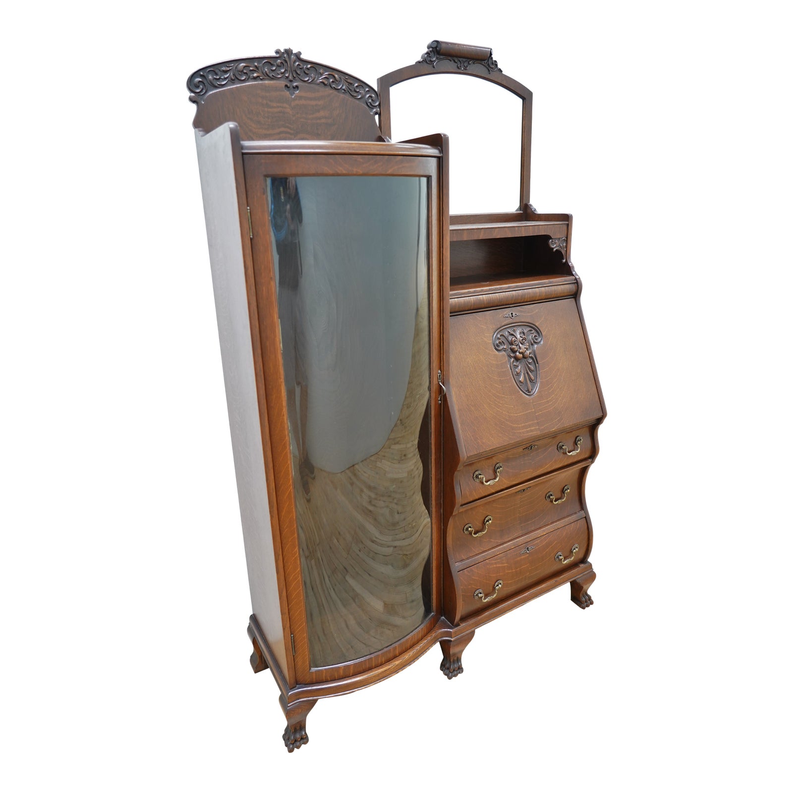 Antique Victorian Oak Side by Side Secretary Desk With Curved Glass