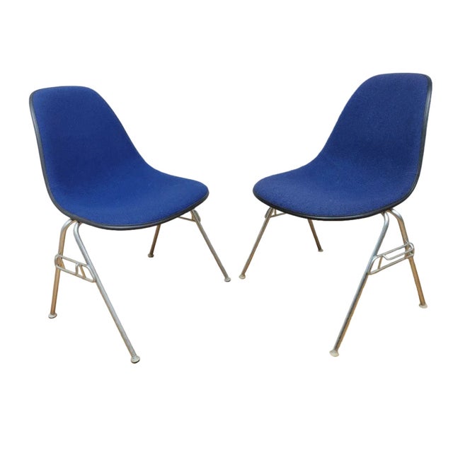 Metal Mid Century Modern Eames for Herman Miller Molded Fiberglass Shell Chairs With Alexander Girard Blue Upholstery - Set of 4 For Sale - Image 7 of 10