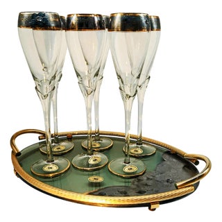 Glasses and Tray in Murano Glass with Hand-Decorated 24 Karat Gold Finishes from GN Murano, 1970s, Set of 7 For Sale