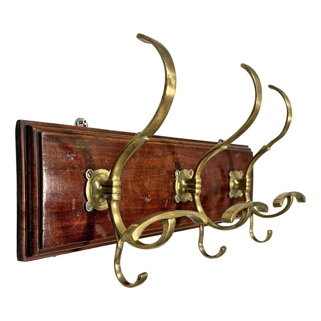 Italian Art Nouveau Wall Coat Rack in Wood and Brass, 1920s For Sale