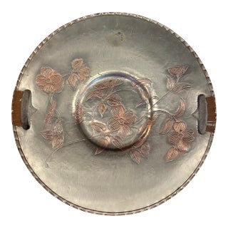 Mid 20th Century Large Aluminum and Rattan Decorative Floral Motif Serving Tray For Sale