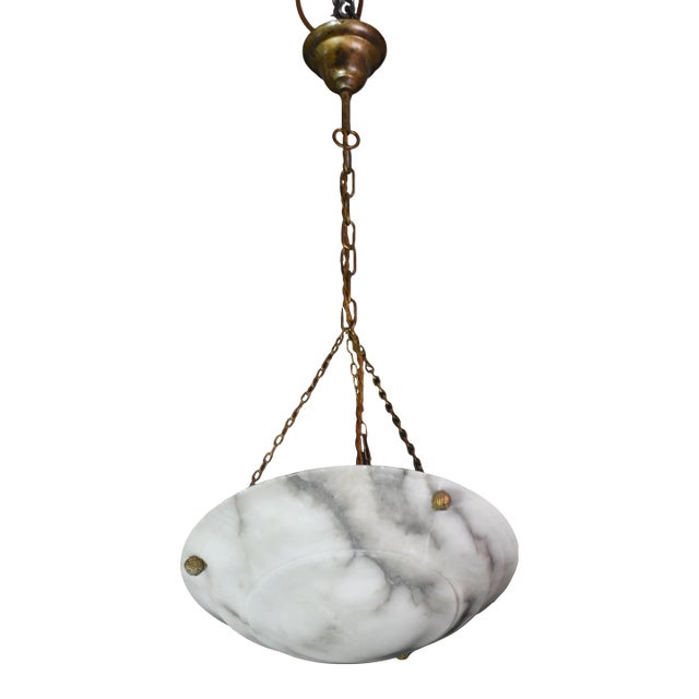 French Art Deco White Alabaster Pendant Light With Dark Veining, Circa 1940 For Sale