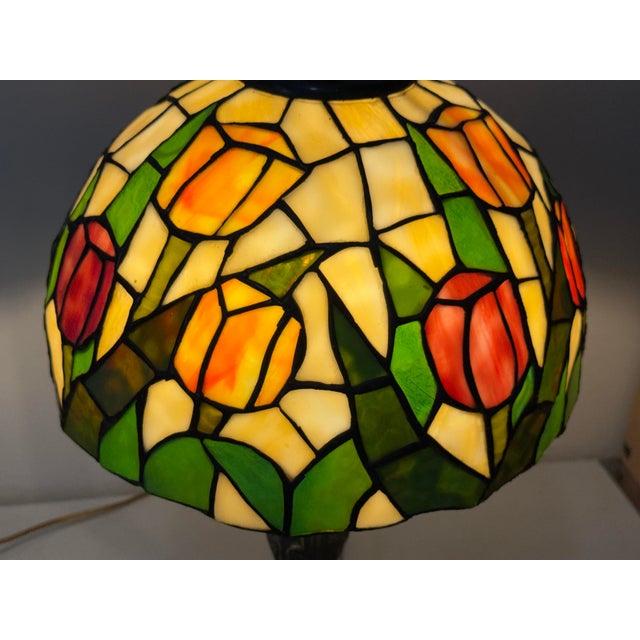 Art Nouveau Vintage Tiffany Style Large Stained Glass Tulip Accent Lamp Antique Bronze Finisg Base 22"h For Sale - Image 3 of 12