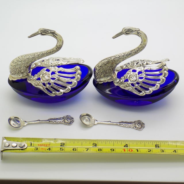 Vintage Italian Sterling Silver 800 Swan Salt Cellars with Cobalt Glass Liners and Spoons, 1970s, Set of 4 For Sale - Image 12 of 13