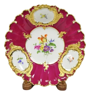 Meissen French Floral Hand Painted Red Porcelain Scalloped Cabinet Plate Bowl