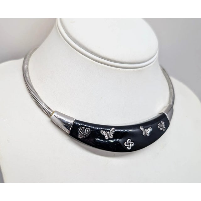 Mid-Century Modern Vintage Signed Givenchy Rhodium Plated Navy Butterfly & Flower Collar Necklace For Sale - Image 3 of 10