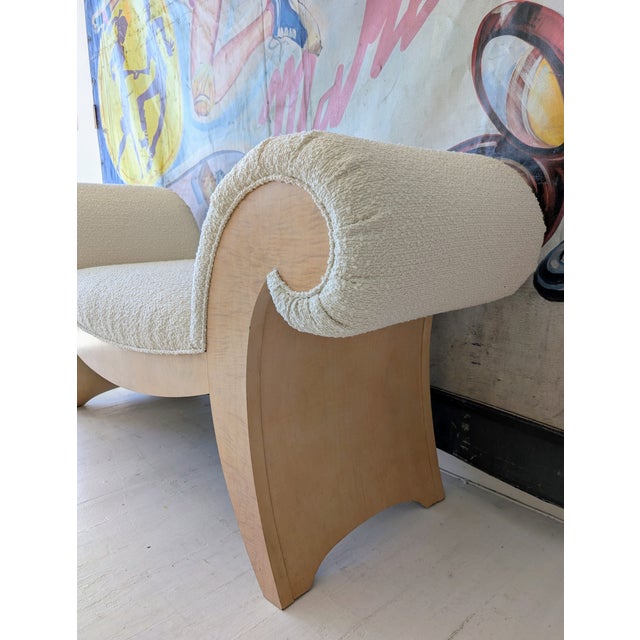 Ivory Large Vintage Scroll End Burl and Boucle Upholstered Bench, 1970s For Sale - Image 8 of 10