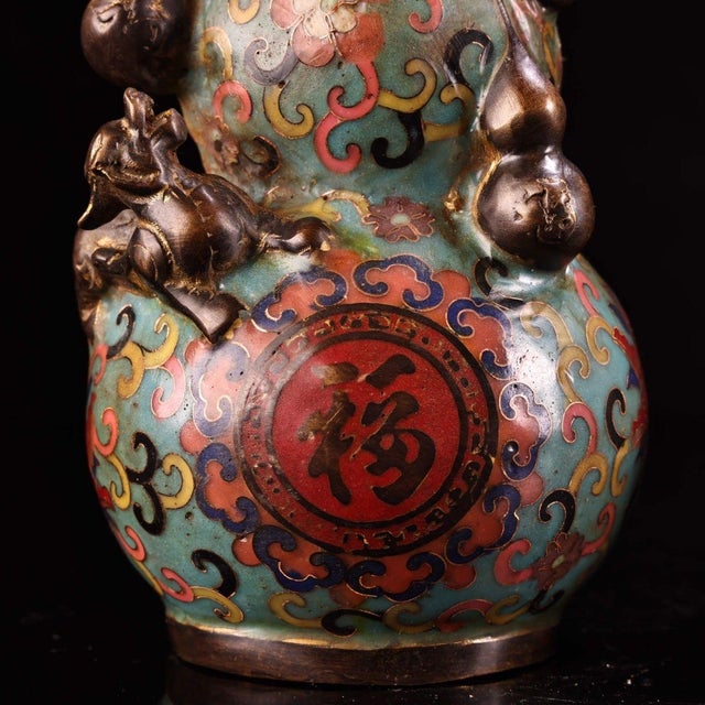 Turquoise Vintage Cloisonne Enamel Gourd Vase – 8.3" Auspicious Double Gourd Sculpture For Sale - Image 8 of 9