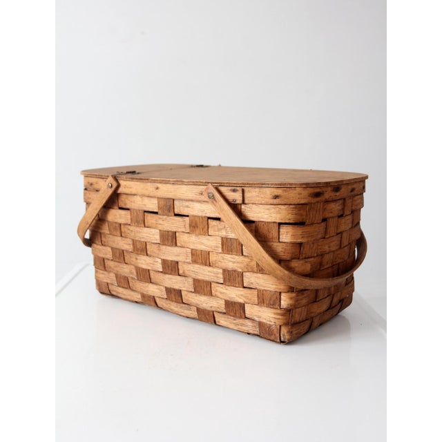 Farmhouse Vintage Splint Wood Picnic Basket For Sale - Image 3 of 16