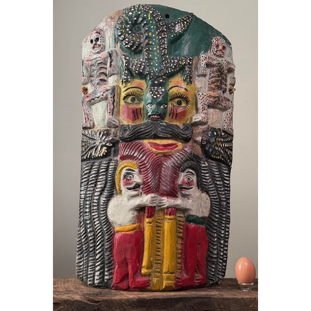Monumental Mexican Folk Art Carved Wood Wall Mask Sculpture For Sale - Image 4 of 10