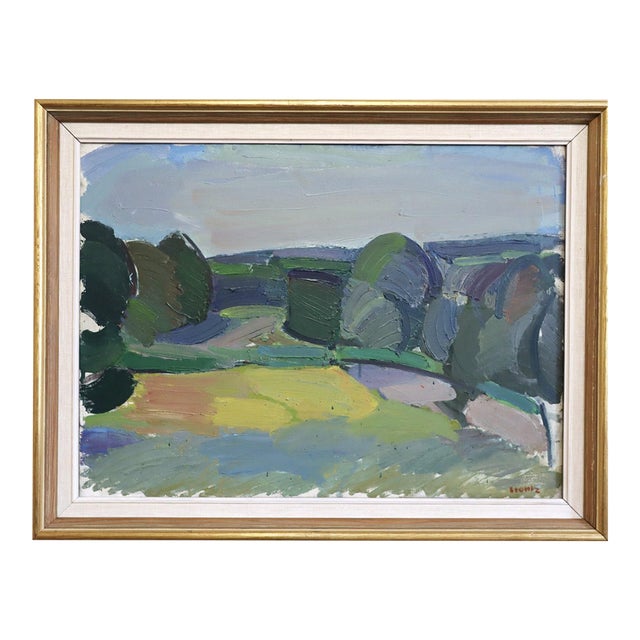 Mid-Century Modern 'Fields Beyond' Vintage Swedish Semi-Abstract Landscape Oil Painting, Framed For Sale