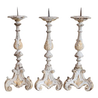 French Early 18th Century Rococo Gray and Cream Painted Candlesticks, Sold Each For Sale