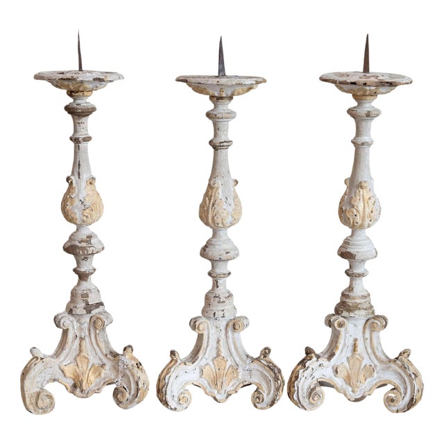 French Early 18th Century Rococo Gray and Cream Painted Candlesticks, Sold Each For Sale