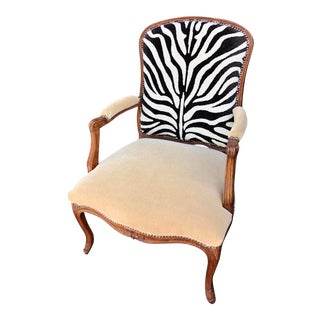 Antique Louis XV Walnut Fauteuil Arm Chair - Clarence House Zebra Velvet For Sale