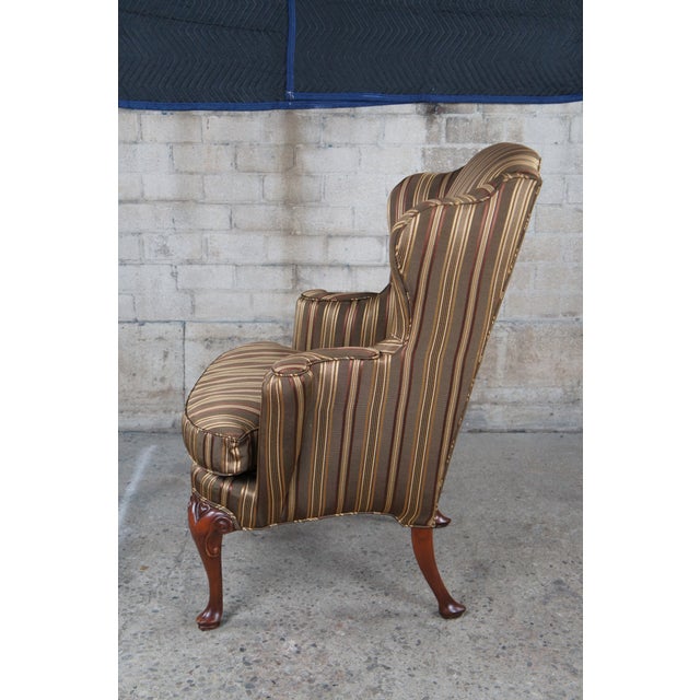 1980s Vintage Baker Queen Anne Style Mahogany Silk Striped Wingback Library Club Chair For Sale - Image 5 of 15