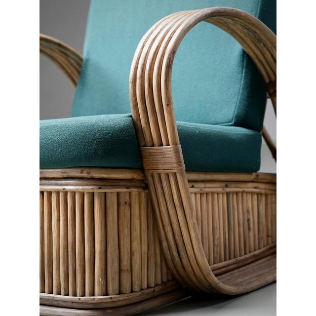 1970s Vintage Italian Rattan Lounge Chairs in Green Wool by Franco Albini, 1975, Set of 2 For Sale - Image 5 of 13