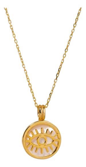 Pearl and Gold Round Evil Eye Pendant Talisman Necklace