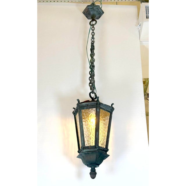 Traditional Antique Traditional Bronze Wavy Glass Pendant Light For Sale - Image 3 of 11