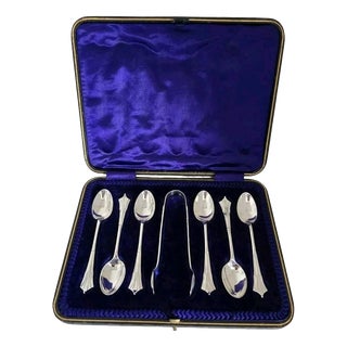Antique Sterling Silver Teaspoon & Tongs Set, 1908, Set of 7 For Sale