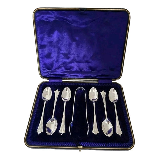 Antique Sterling Silver Teaspoon & Tongs Set, 1908, Set of 7 For Sale