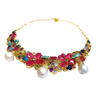 Bochic "Capri" Vintage Ruby, Amethyst, Sapphire & Pearl Necklace 18K Gold & Silver For Sale