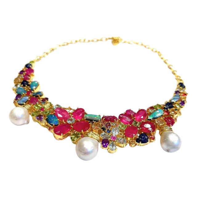 Bochic "Capri" Vintage Ruby, Amethyst, Sapphire & Pearl Necklace 18K Gold & Silver For Sale