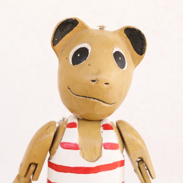 Vintage Wooden Teddy Bear Jointed Red & White Shelf Sitter Hand Carved Folk Art For Sale - Image 14 of 14