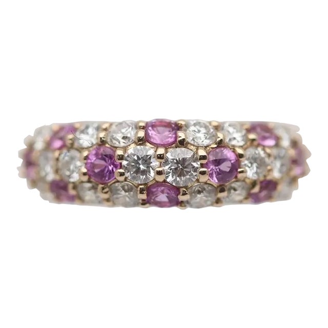 Pink Sapphire Diamond Gold Band Ring, Size 6 For Sale