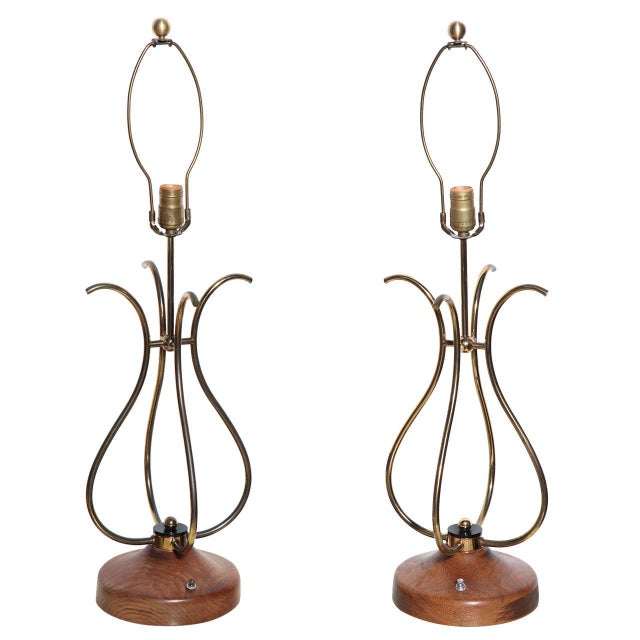 Tall Brass, Walnut & Lucite "Scroll" Style Table Lamps, 1950's - A Pair For Sale - Image 10 of 10