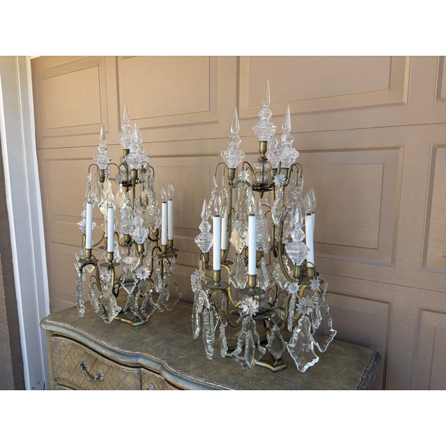 Early 20th Century French Brass & Crystal Six-Light Girandole Lamps - Pair For Sale - Image 4 of 17