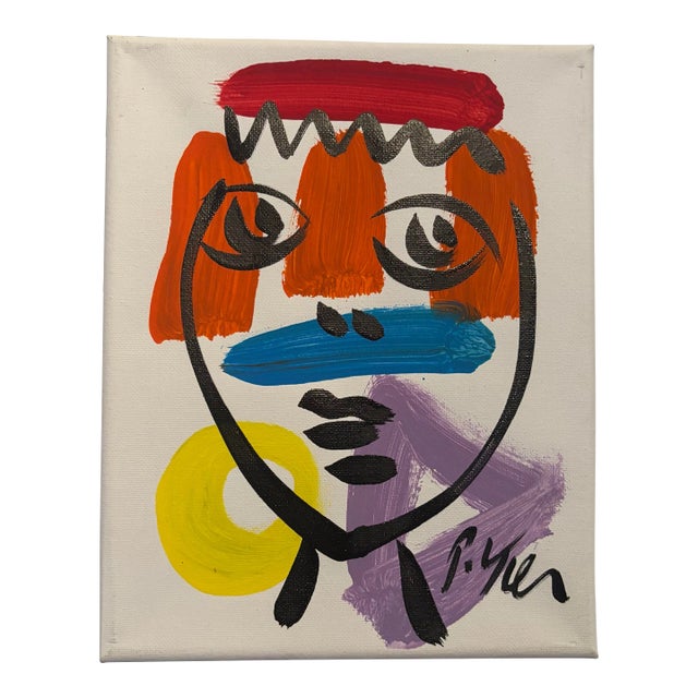 Abstract Geometric Portrait Painting on Canvas, Peter Keil For Sale
