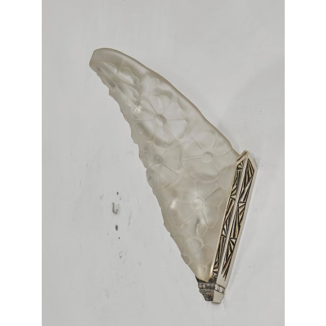 Degué A pair of 1930 French art deco wall sconces in nickel plated solid brass or bronze holding two beautiful slip shades...